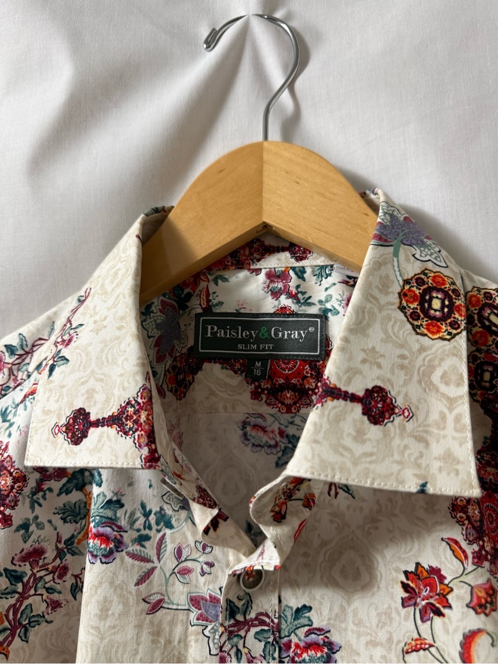 Paisley & Gray Cream Shirt with Red, Teal & Orange Floral Men’s Slim Shirt 0154 - Picture 4 of 16
